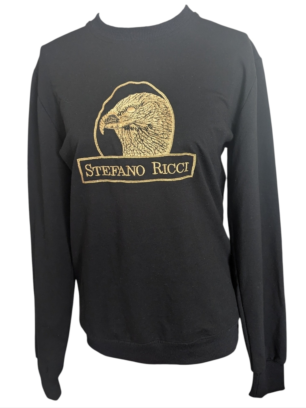 Stefano Ricci Black Crewneck Sweater with Gold Eagle Emblem
